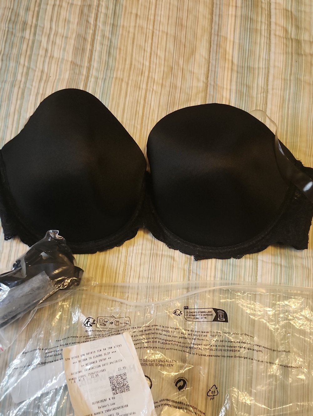 Black Strapless Molded Cup Bra with Lace Trim